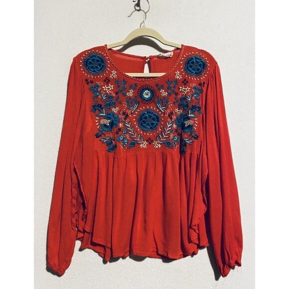 Altard State Top Womens Medium Red Floral Embroidered Peasant Boho Flowy - Picture 1 of 7